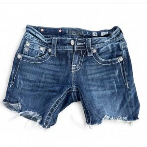 Miss Me Dark Blue Denim Shorts with Embroidery